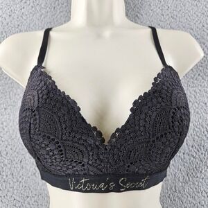 Victorias Secret Lined No Wire Bra Womens 32D Black Floral Lace Wireless Comfort